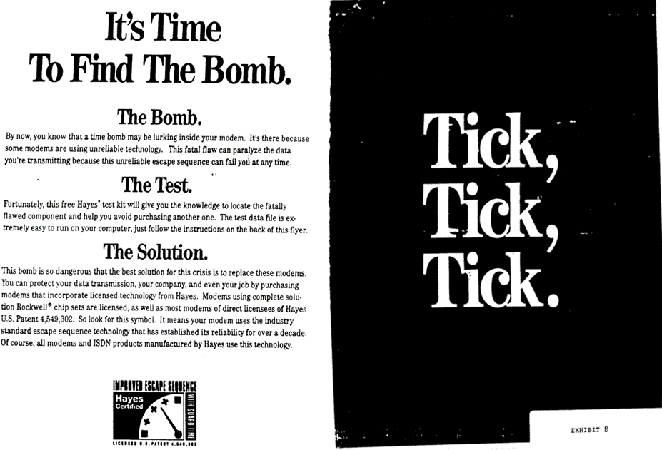 Examples of 1994 Hayes advertisements containing representations of impeding modem failure.