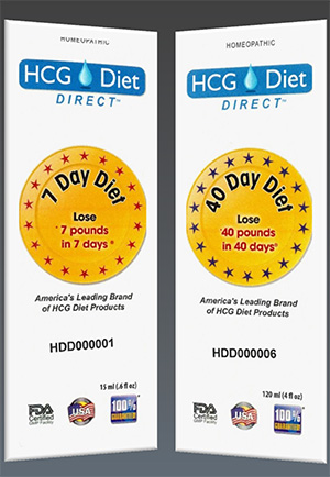 Product packaging for HCG Diet Direct, “7 Day Diet: Lose 7 pounds in 7 days,” “40 Day Diet: Lose 40 pounds in 40 days”