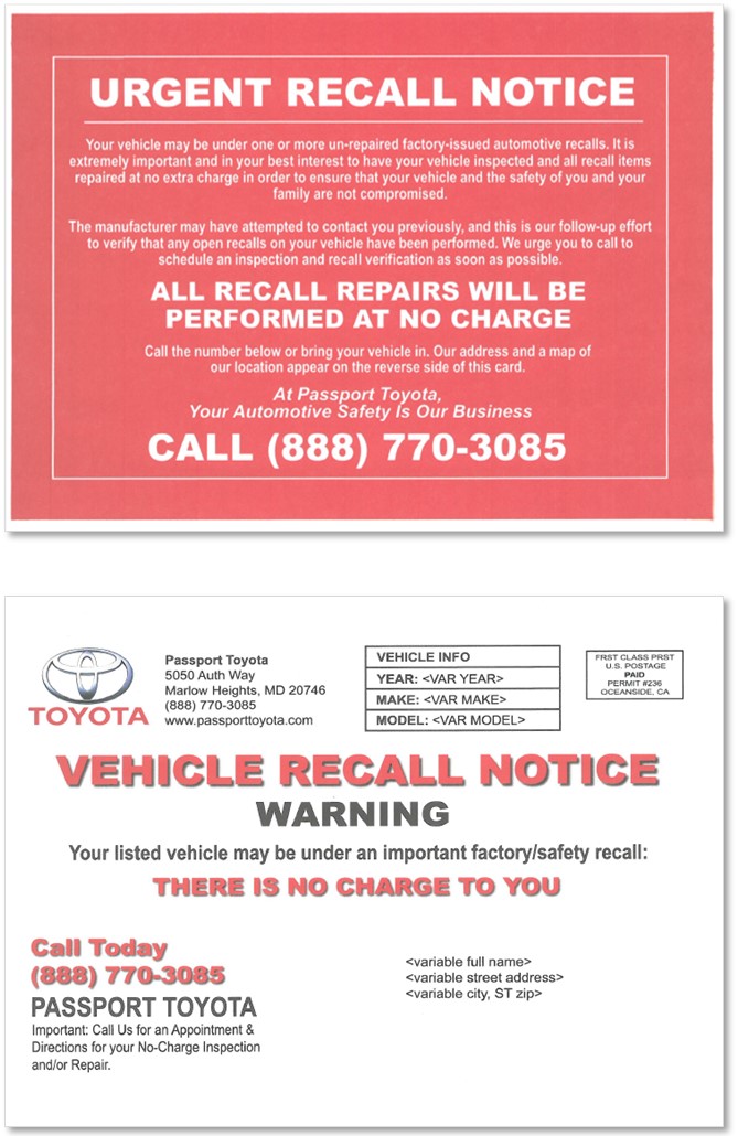Deceptive recall notice sent by car dealership