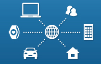 Graphic showing icons for computer, smart watch, car, home, mobile device and users connecting to a central internet hub