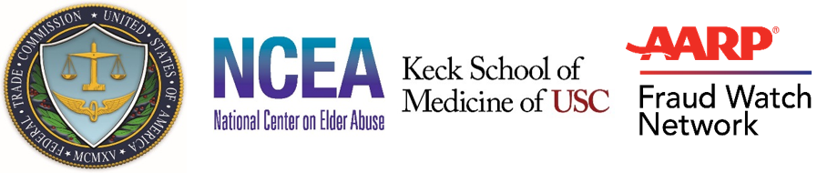 logos of Federal Trade Commission, National Center on Elder Abuse, Keck School of Medicine of USC, and AARP Fraud Watch Network
