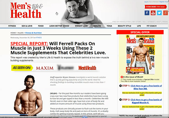 Example fake media website, in this case, Men's Life & Health, featuring supposed celebrity endorsements, in this case, Joe Manganiello, and "As seen on: Maxim, Men's Health, etc." banner.