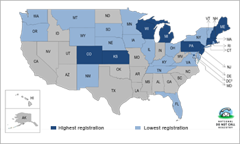 Map of USA showing states with hest and lowest registration numbers on the Do Not Call list