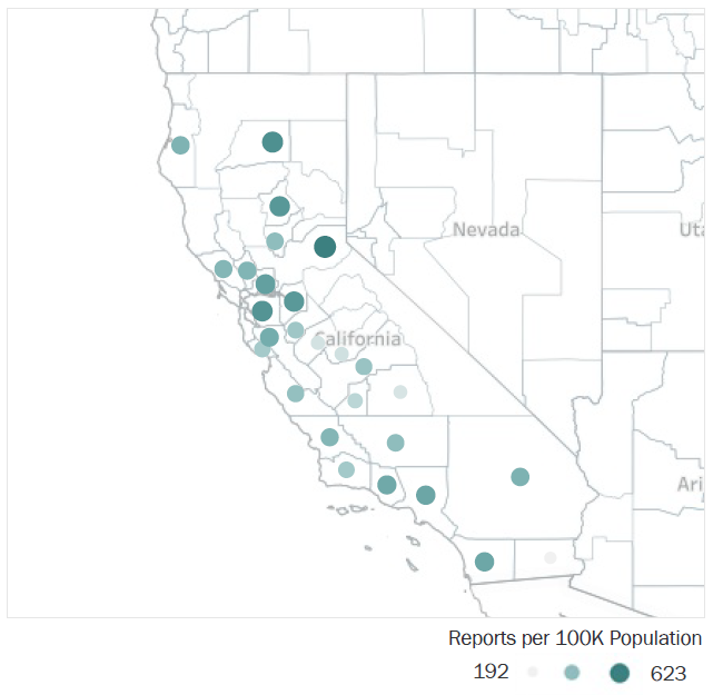 Map of California Metropolitan Statistical Areas showing number of reports per 100K population, ranging from a low of 192 to a high of 623. See attached CSV file for report data by MSA.