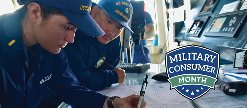 Military Consumer Month logo with two U.S. Coast Guard members looking at a map