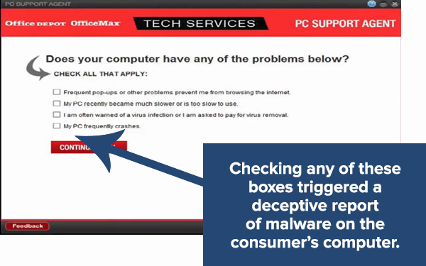 PC Health Check software screenshot.  Checking any of the four boxes triggered a deceptive report of malware on the consumer's computer.