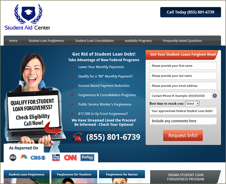 Screenshot of sample deceptive student debt relief ad.