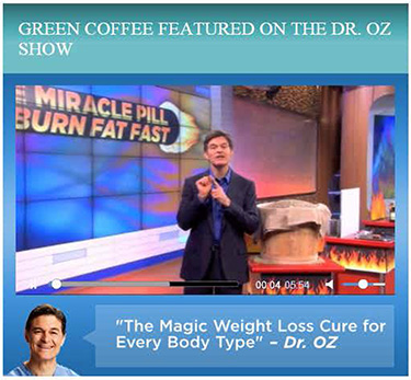 Image from Dr. Oz TV show about green coffee, with him quoted as saying 'The magic weight loss cure for every body type'