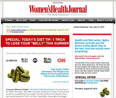 Women's Health Journal fake news website containing advertising content such as 'Pure Green Coffee harnesses the weight loss effects of the purest extract from green coffee beans' claiming 'as seen on' with logos of CBS News, ABC, CNN, MSNBC