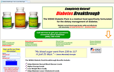 web page advertising WSN Diabetic Pack as 'Completely natural diabetes breakthrough'