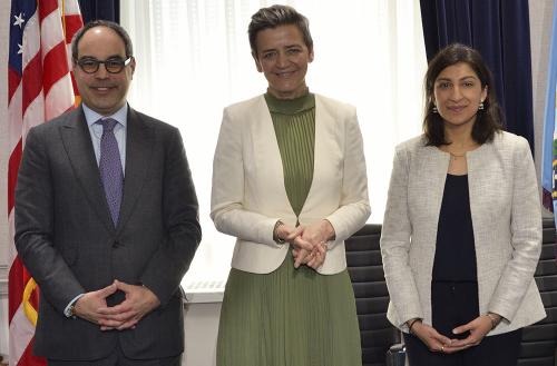 The Justice Department’s Antitrust Division Assistant Attorney General Jonathan Kanter, Executive Vice President Margrethe Vestager of the European Commission, and Federal Trade Commission Chair Lina M. Khan.