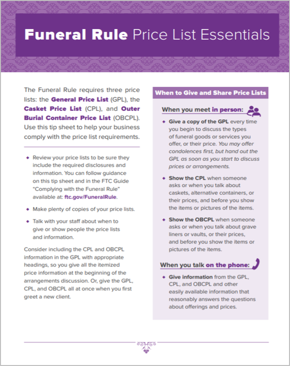 FTC Funeral Rule Price List Essentials