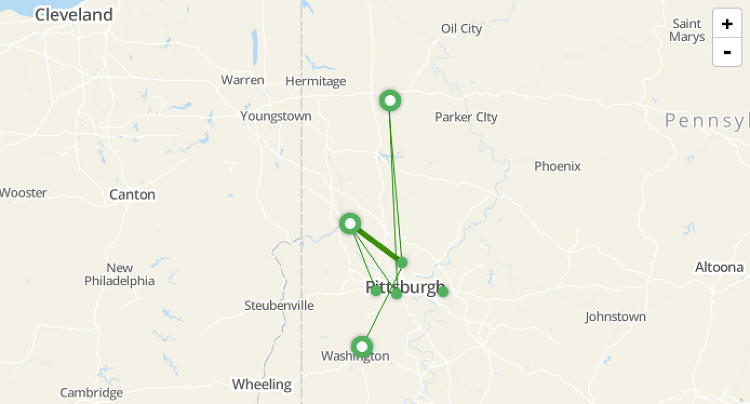 map of western Pennsylvania and eastern Ohio, showing locations the customer has visited in, north, and south of Pittsburgh