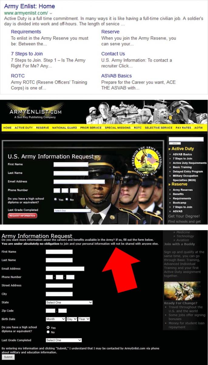 Picture of typical search results and armyenlist.com webpages