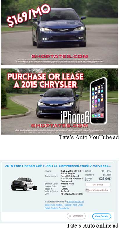 Screen shots of Tate's Auto ads