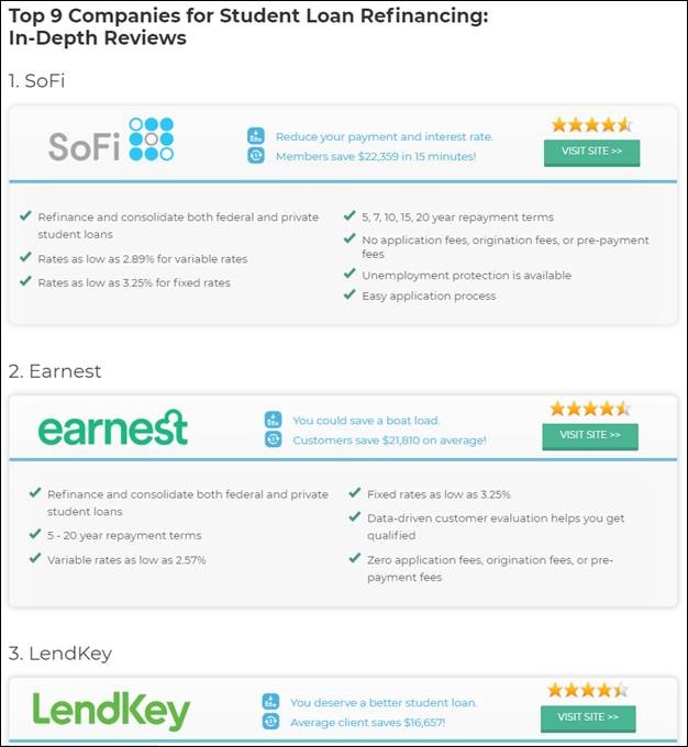 Top 9 Companies for Student Loan Refinancing with the top 3 being SoFi, earnest, and LendKey.