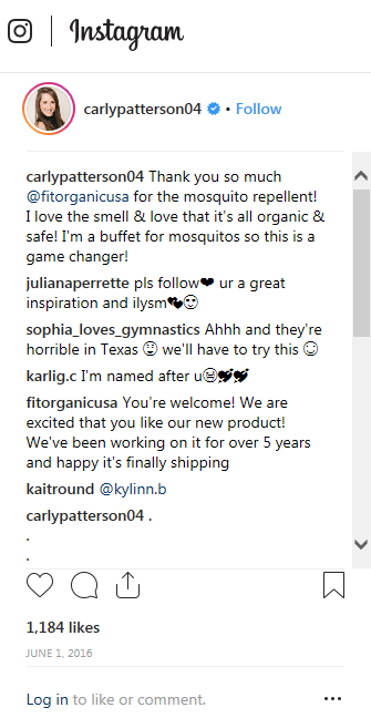 Instagram post promoting mosquito repellent from 'carlypatterson04' thanking 'fitorganicusa' for the repellent, with comments from 'fitorganicusa' and others