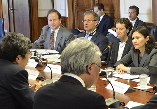 photo of FTC and JFT officials in a meeting: Andrew Heimert, Office of International Affairs; Randy Tritell, Director, Office of International Affairs; Debbie Feinstein, Director, Bureau of Competition; and Chairwoman Edith Ramirez