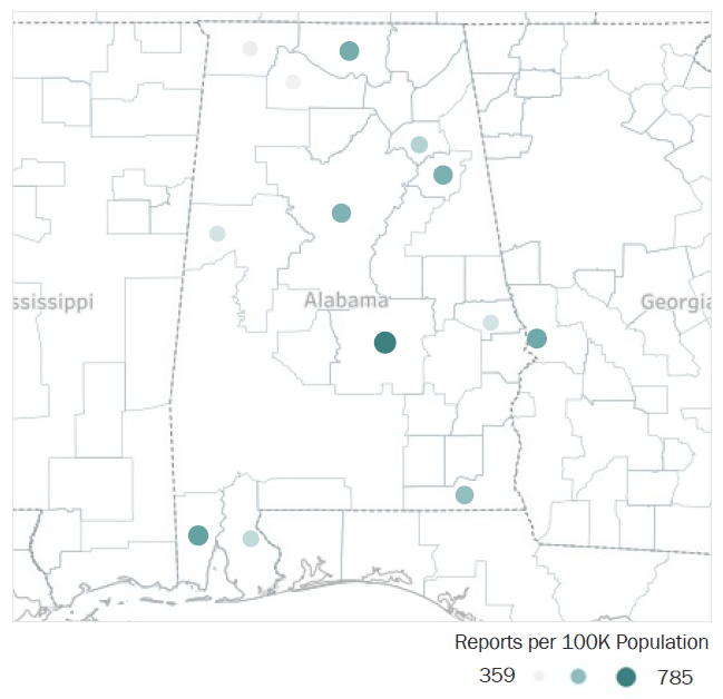 Map of Alabama Metropolitan Statistical Areas showing number of reports per 100K population, ranging from a low of 359 to a high of 785. See attached CSV file for report data by MSA.
