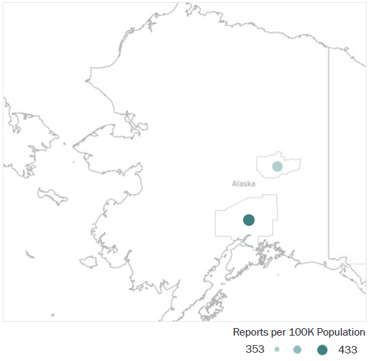 Map of Alaska Metropolitan Statistical Areas showing number of reports per 100K population, ranging from a low of 353 to a high of 433. See attached CSV file for report data by MSA.