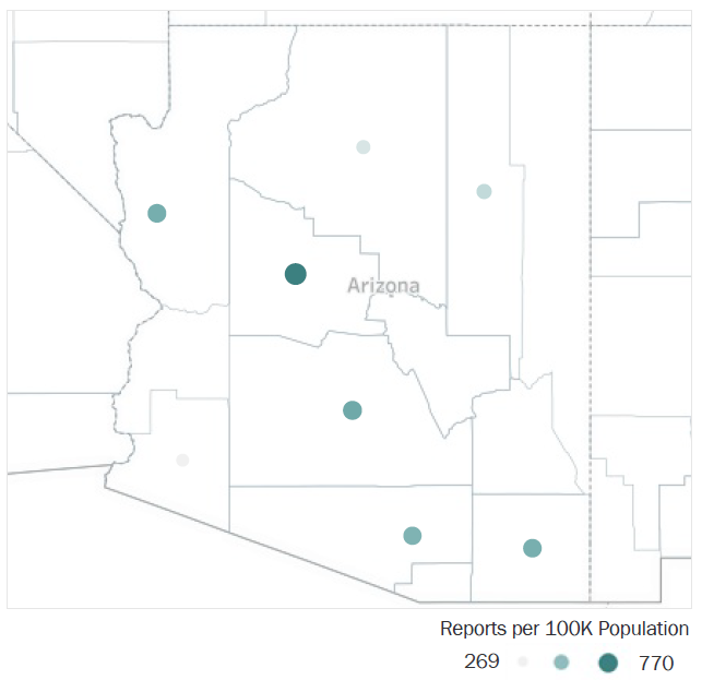 Map of Arizona Metropolitan Statistical Areas showing number of reports per 100K population, ranging from a low of 269 to a high of 770. See attached CSV file for report data by MSA.