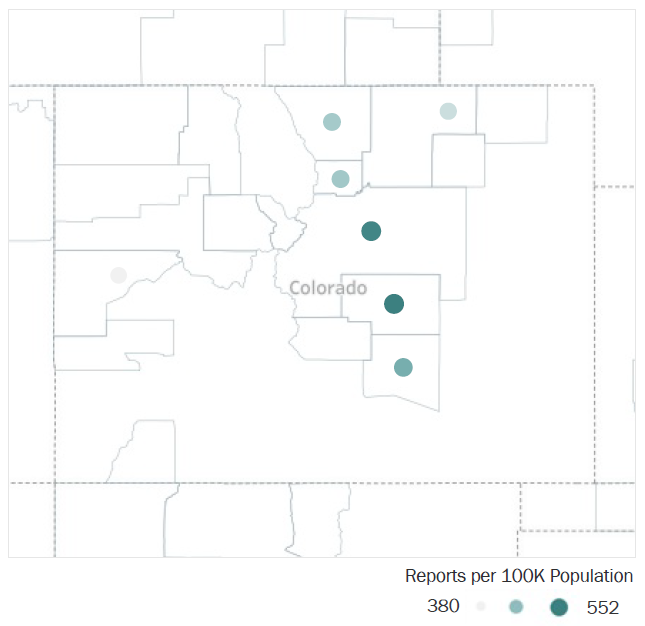 Map of Colorado Metropolitan Statistical Areas showing number of reports per 100K population, ranging from a low of 380 to a high of 552. See attached CSV file for report data by MSA.