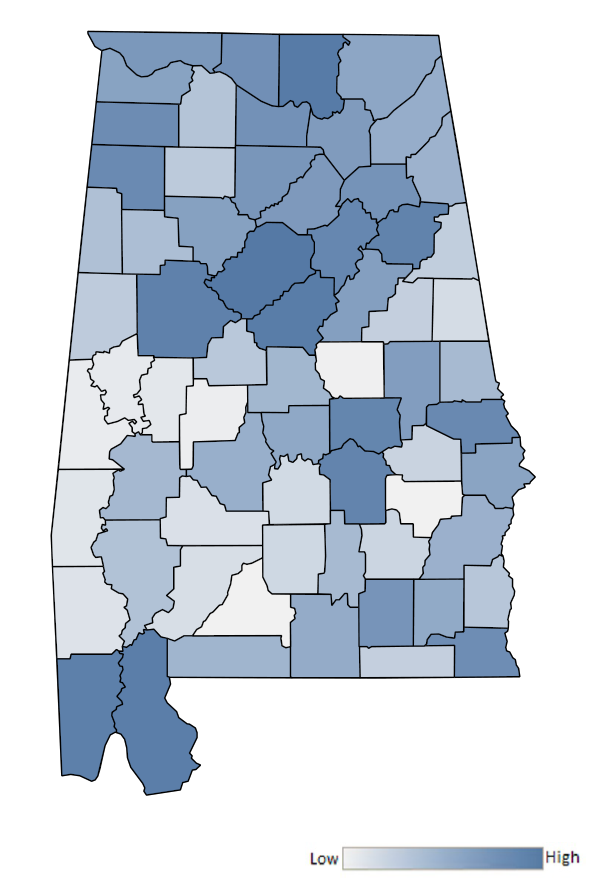 Map of Alabama counties indicating relative number of complaints from low to high. See attached CSV file for complaint data by jurisdiction.