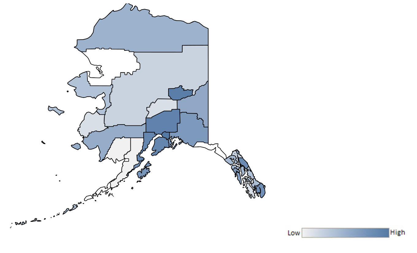 Map of Alaska counties indicating relative number of complaints from low to high. See attached CSV file for complaint data by jurisdiction.