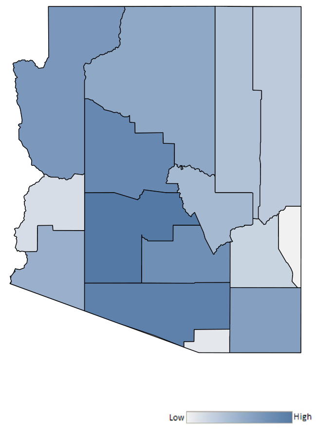 Map of Arizona counties indicating relative number of complaints from low to high. See attached CSV file for complaint data by jurisdiction.