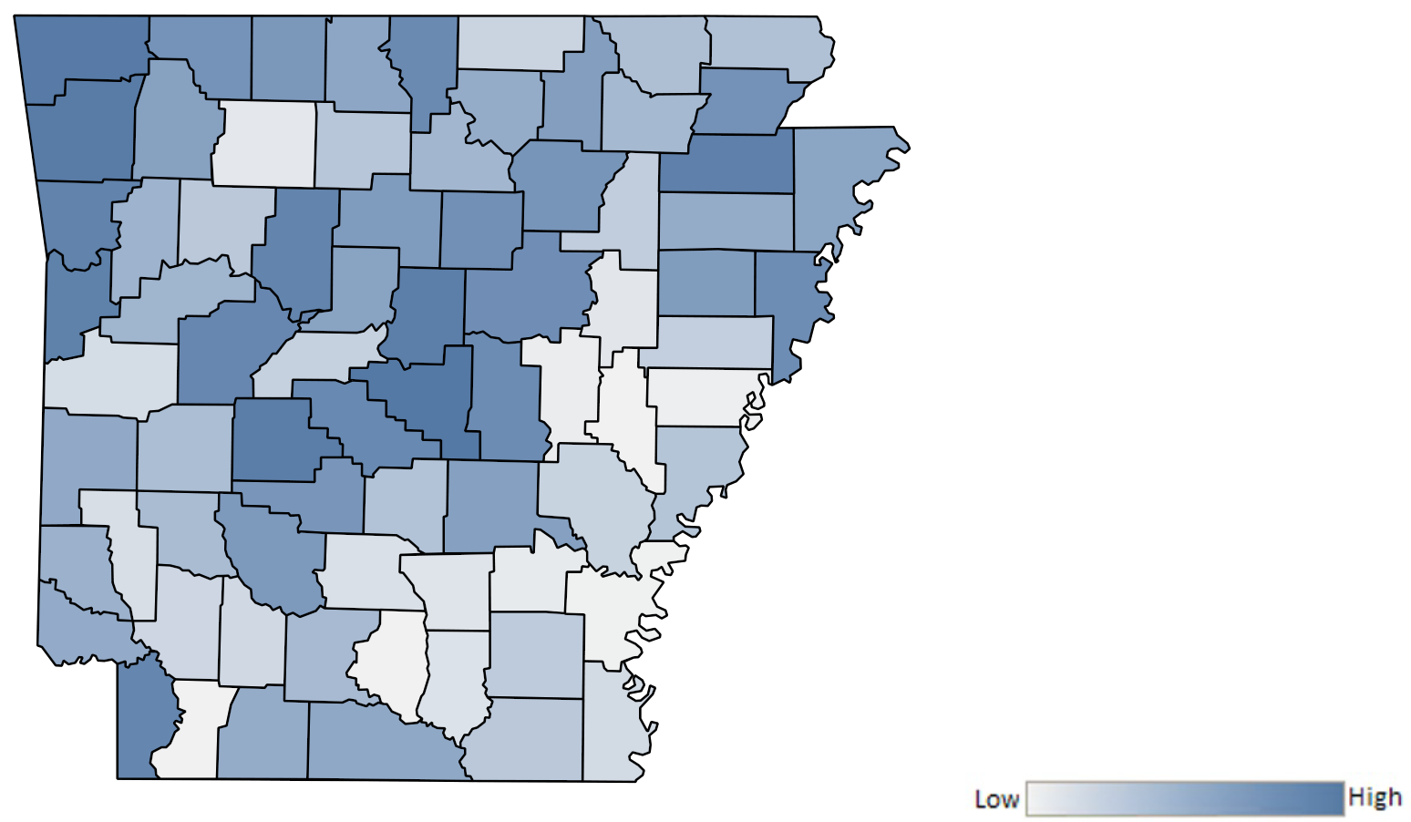 Map of Arkansas counties indicating relative number of complaints from low to high. See attached CSV file for complaint data by jurisdiction.