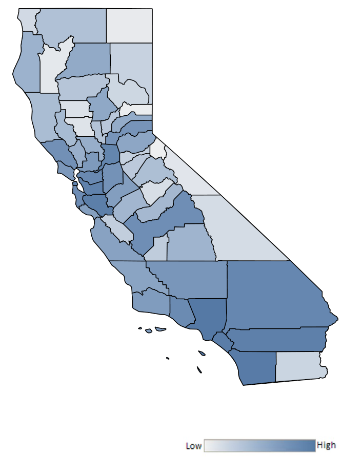 Map of California counties indicating relative number of complaints from low to high. See attached CSV file for complaint data by jurisdiction.
