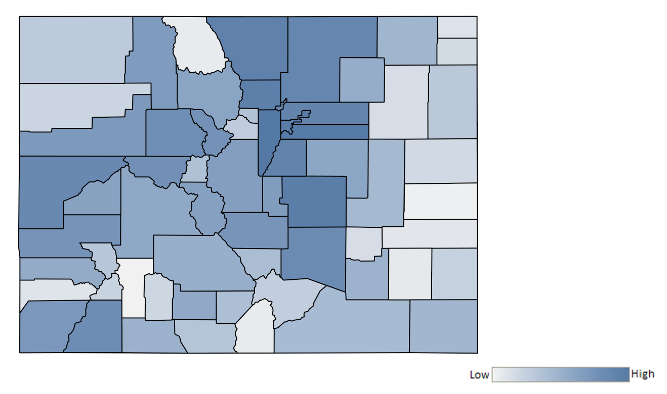 Map of Colorado counties indicating relative number of complaints from low to high. See attached CSV file for complaint data by jurisdiction.