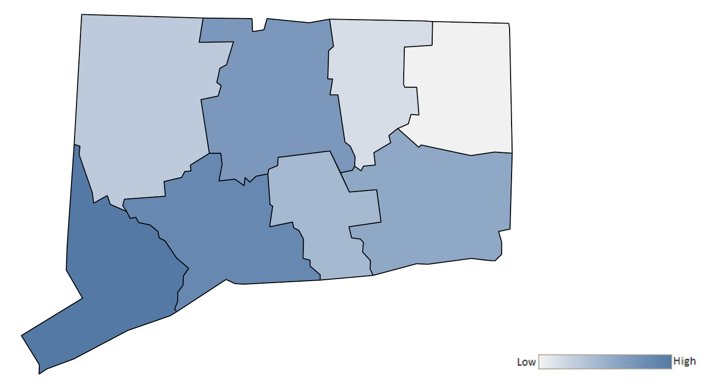 Map of Connecticut counties indicating relative number of complaints from low to high. See attached CSV file for complaint data by jurisdiction.ed CSV file for complaint data by jurisdiction.
