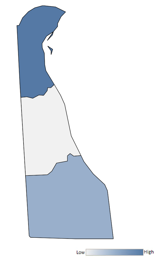 Map of Delaware counties indicating relative number of complaints from low to high. See attached CSV file for complaint data by jurisdiction.