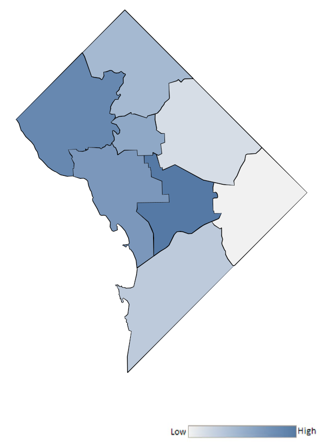 Map of District of Columbia wards indicating relative number of complaints from low to high. See attached CSV file for complaint data by jurisdiction.