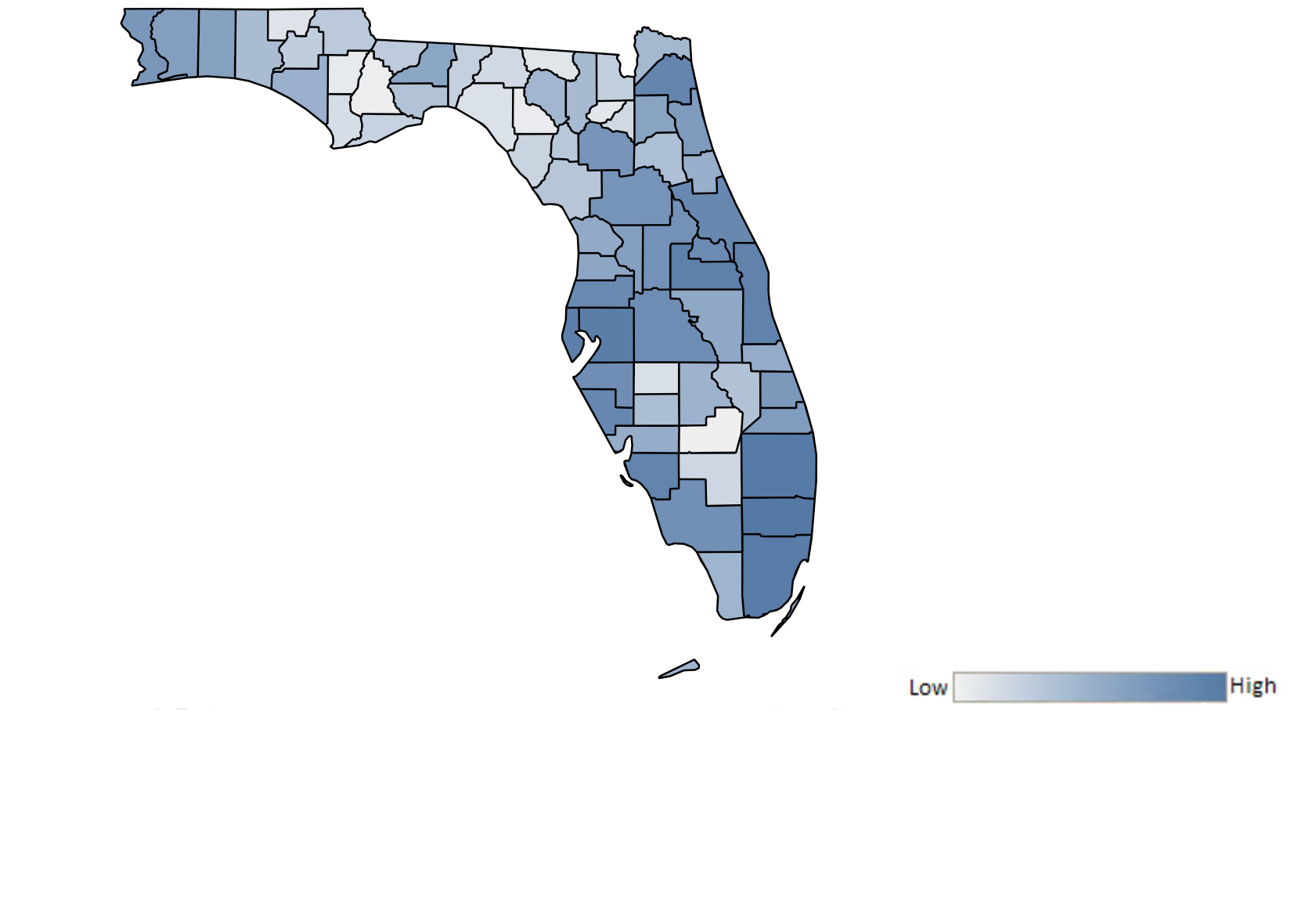 Map of Florida counties indicating relative number of complaints from low to high. See attached CSV file for complaint data by jurisdiction.