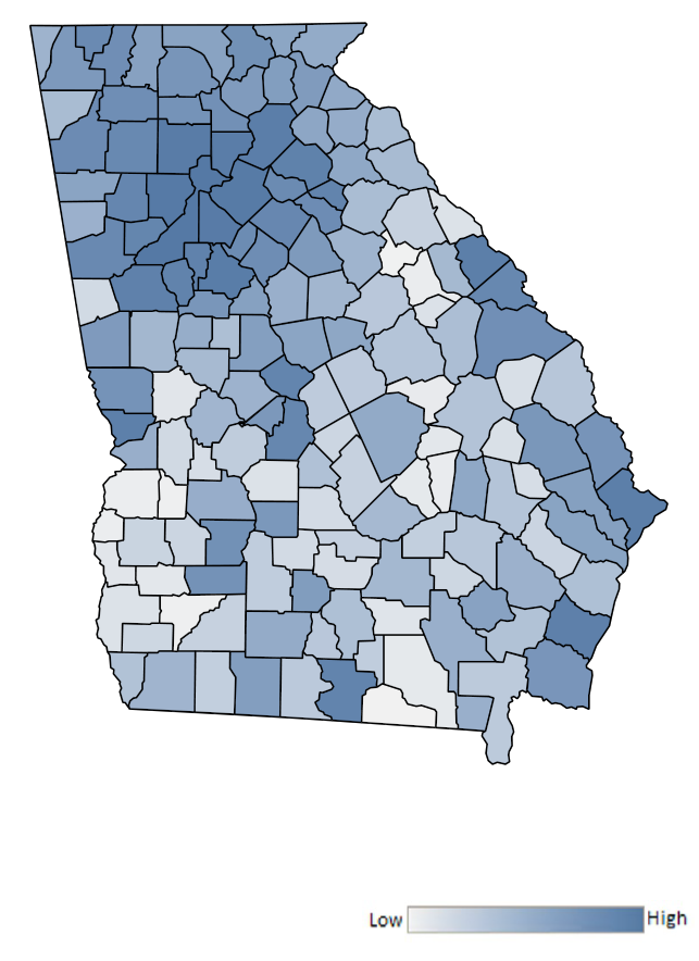 Map of Georgia counties indicating relative number of complaints from low to high. See attached CSV file for complaint data by jurisdiction.