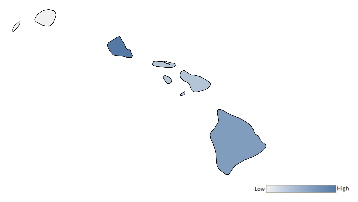 Map of Hawaii counties indicating relative number of complaints from low to high. See attached CSV file for complaint data by jurisdiction.