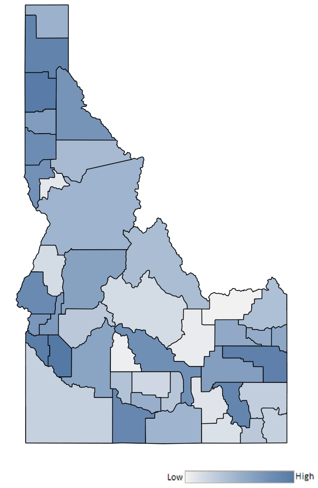 Map of Idaho counties indicating relative number of complaints from low to high. See attached CSV file for complaint data by jurisdiction.