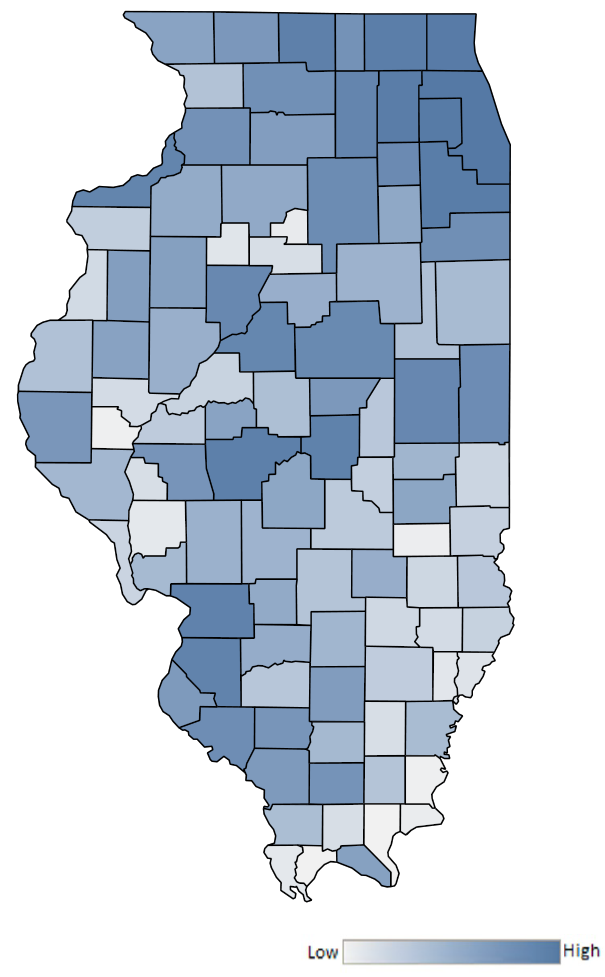 Map of Illinois counties indicating relative number of complaints from low to high. See attached CSV file for complaint data by jurisdiction.