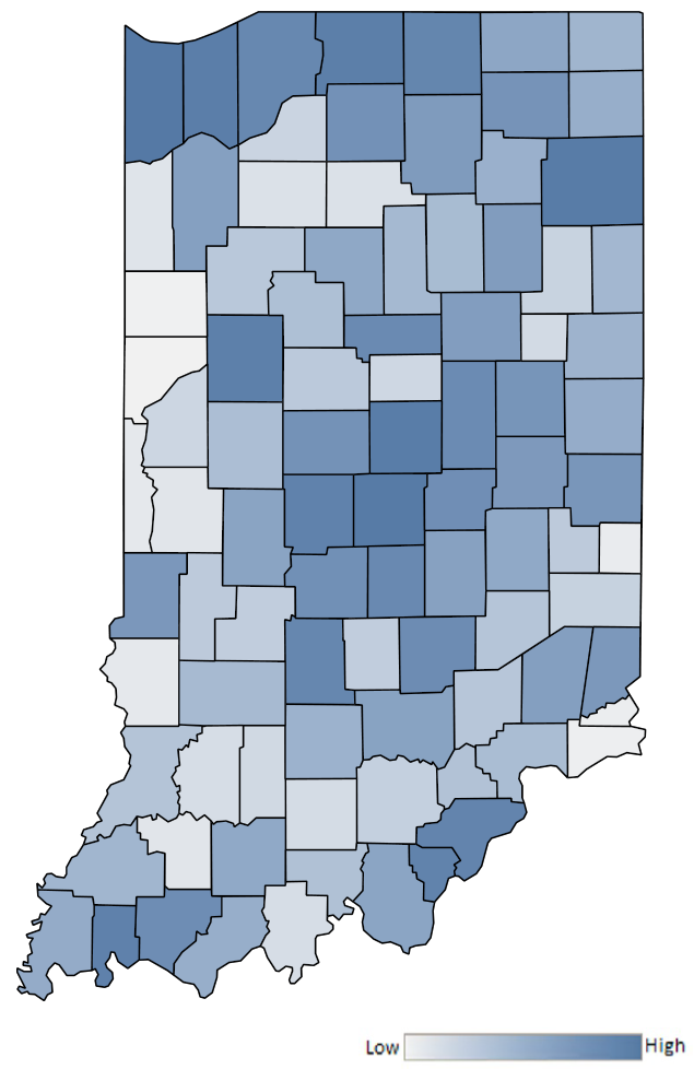 Map of Indiana counties indicating relative number of complaints from low to high. See attached CSV file for complaint data by jurisdiction.