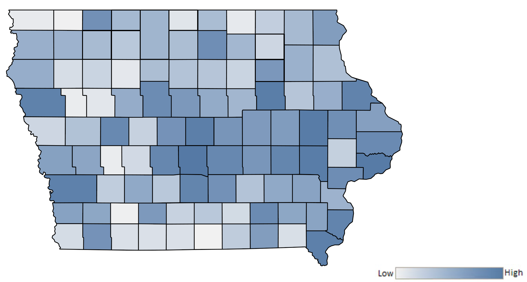Map of Iowa counties indicating relative number of complaints from low to high. See attached CSV file for complaint data by jurisdiction.