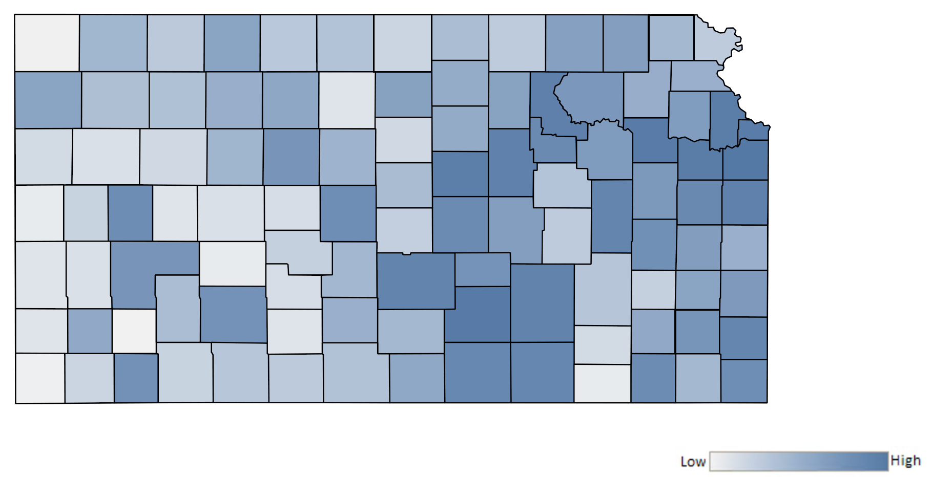 Map of Kansas counties indicating relative number of complaints from low to high. See attached CSV file for complaint data by jurisdiction.