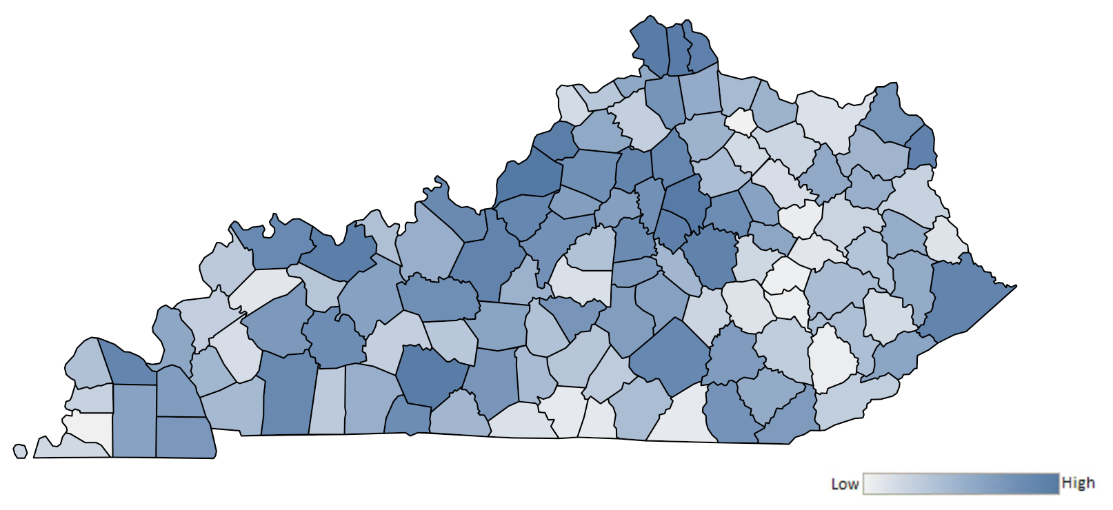 Map of Kentucky counties indicating relative number of complaints from low to high. See attached CSV file for complaint data by jurisdiction.