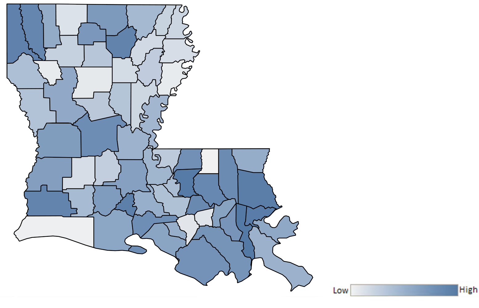 Map of Louisiana parishes indicating relative number of complaints from low to high. See attached CSV file for complaint data by jurisdiction.