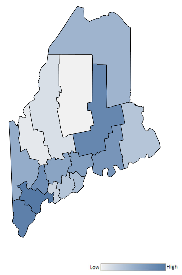 Map of Maine counties indicating relative number of complaints from low to high. See attached CSV file for complaint data by jurisdiction.