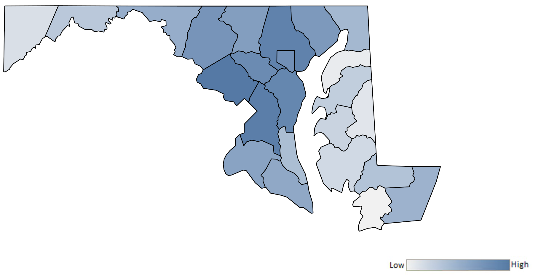 Map of Maryland counties indicating relative number of complaints from low to high. See attached CSV file for complaint data by jurisdiction.