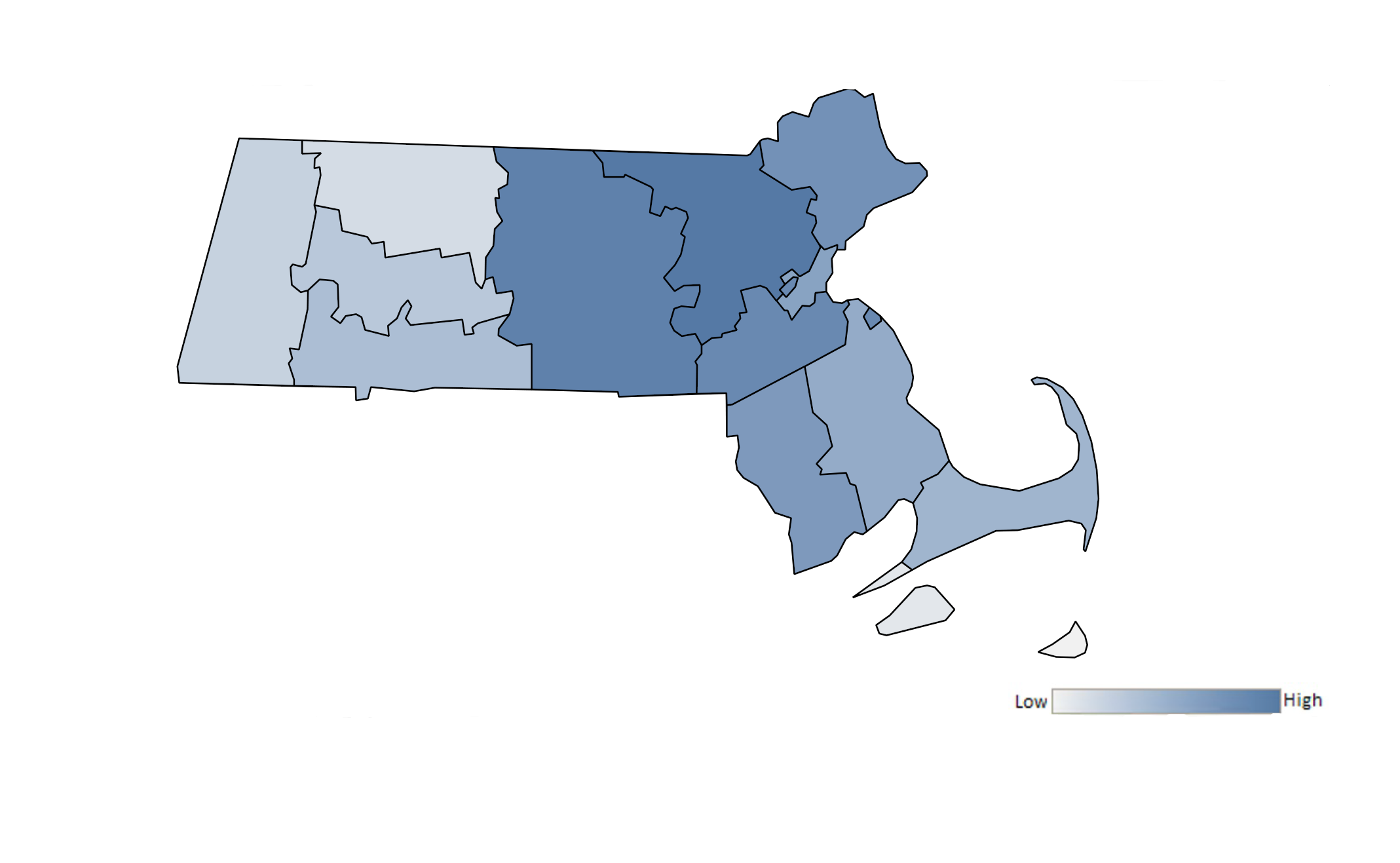 Map of Massachusetts counties indicating relative number of complaints from low to high. See attached CSV file for complaint data by jurisdiction.
