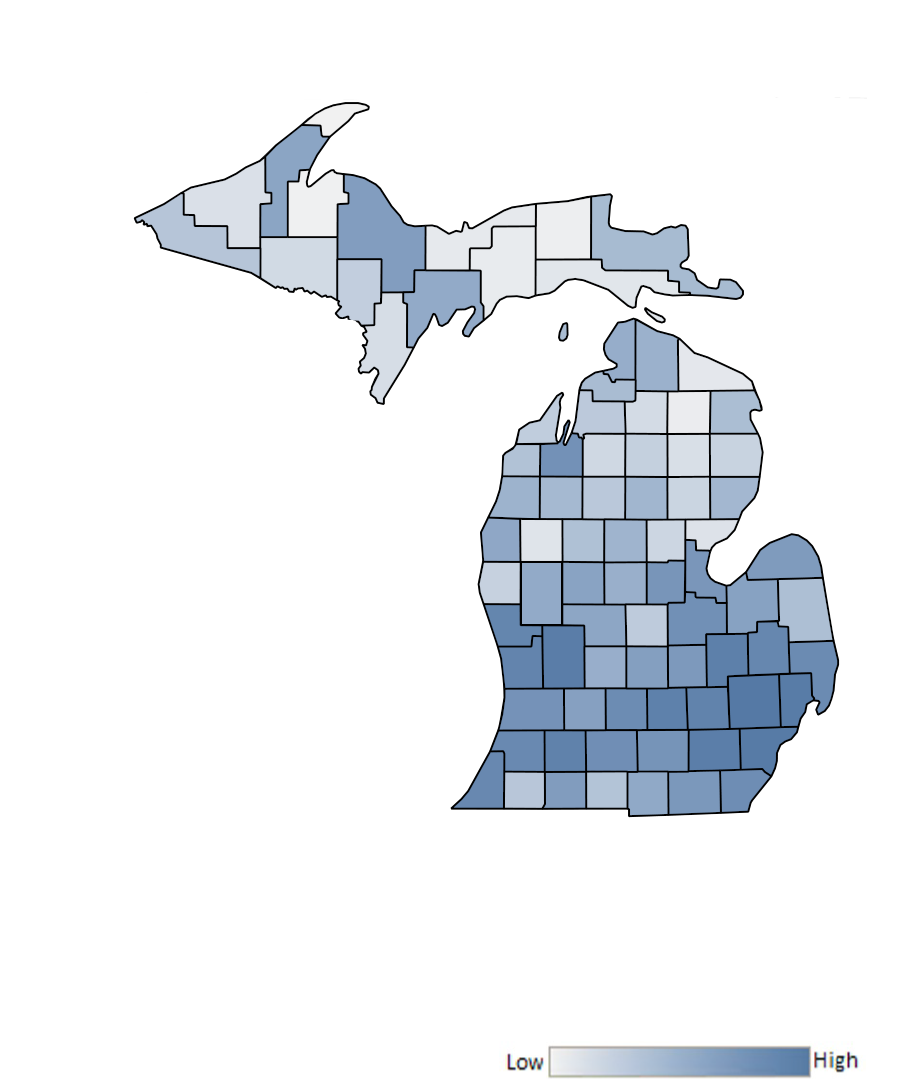 Map of Michigan counties indicating relative number of complaints from low to high. See attached CSV file for complaint data by jurisdiction.