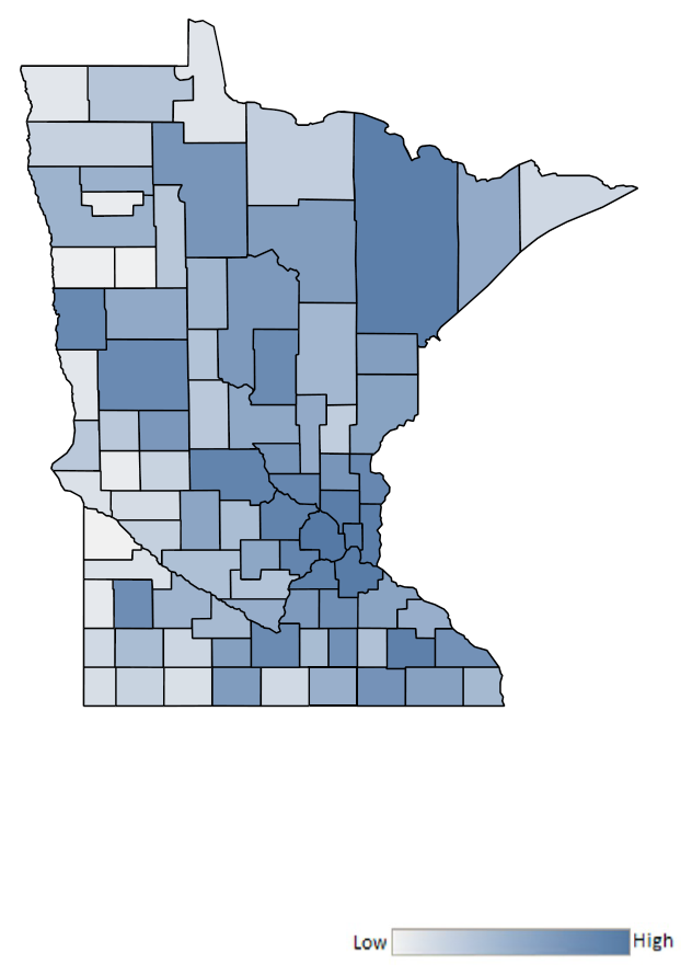 Map of Minnesota counties indicating relative number of complaints from low to high. See attached CSV file for complaint data by jurisdiction.